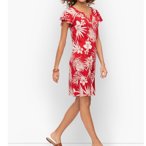 Talbots Dresses & Skirts - Talbots Petite Small Red Tropical Floral Flutter Sleeve Embroidered Shift Dress